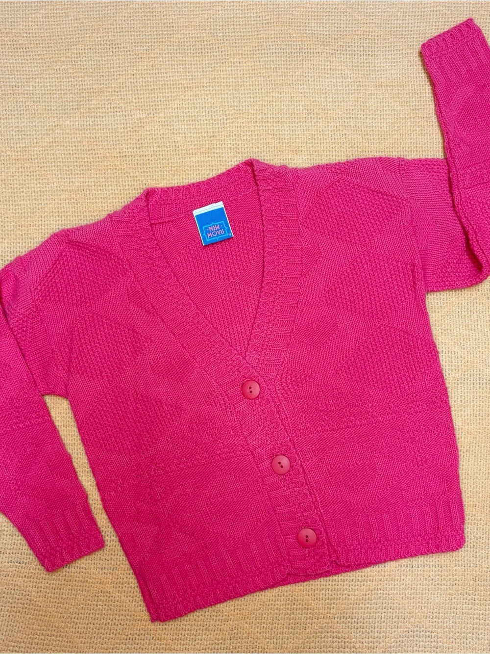 90s Girls' Bright Pink V-Neck Knit Hearts Button Cardigan Sweater by New Moves